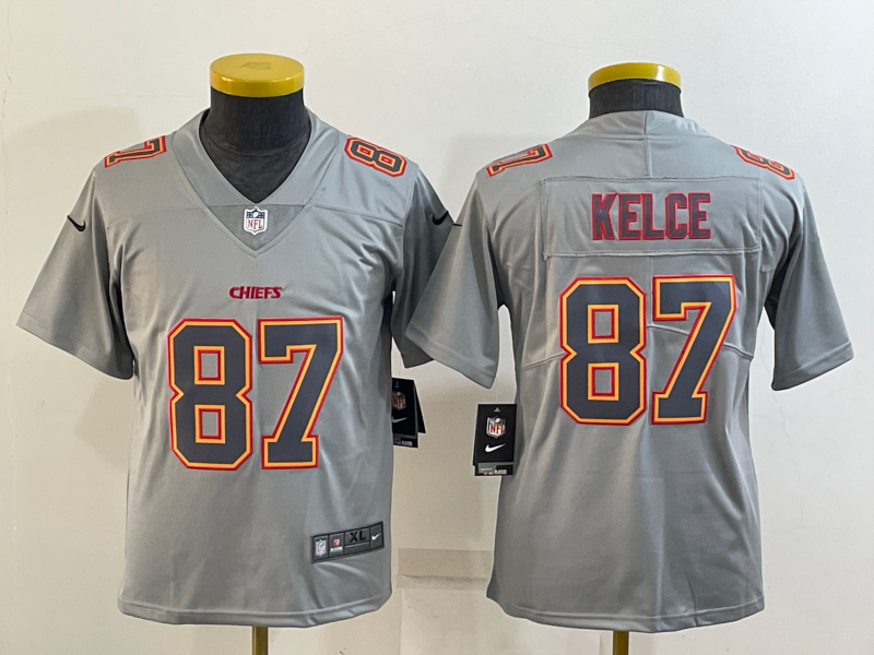 Youth Kansas City Chiefs #87 Travis Kelce Grey Atmosphere Fashion Stitched Jersey